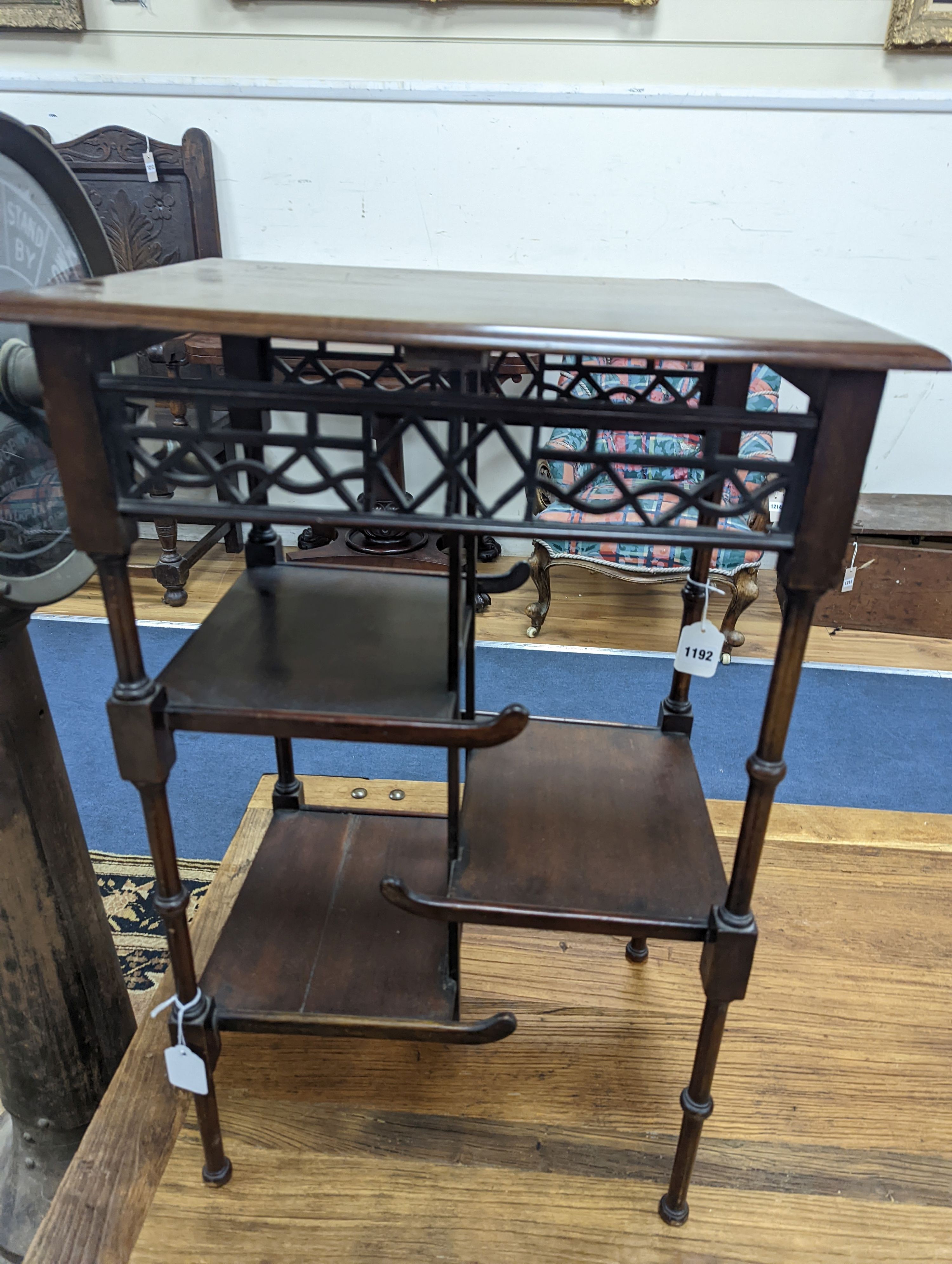 A Victorian aesthetic movement chinoiserie occasional table, in the manner of EW Godwin, width 46.5cm, depth 34.5cm, height 68.5cm